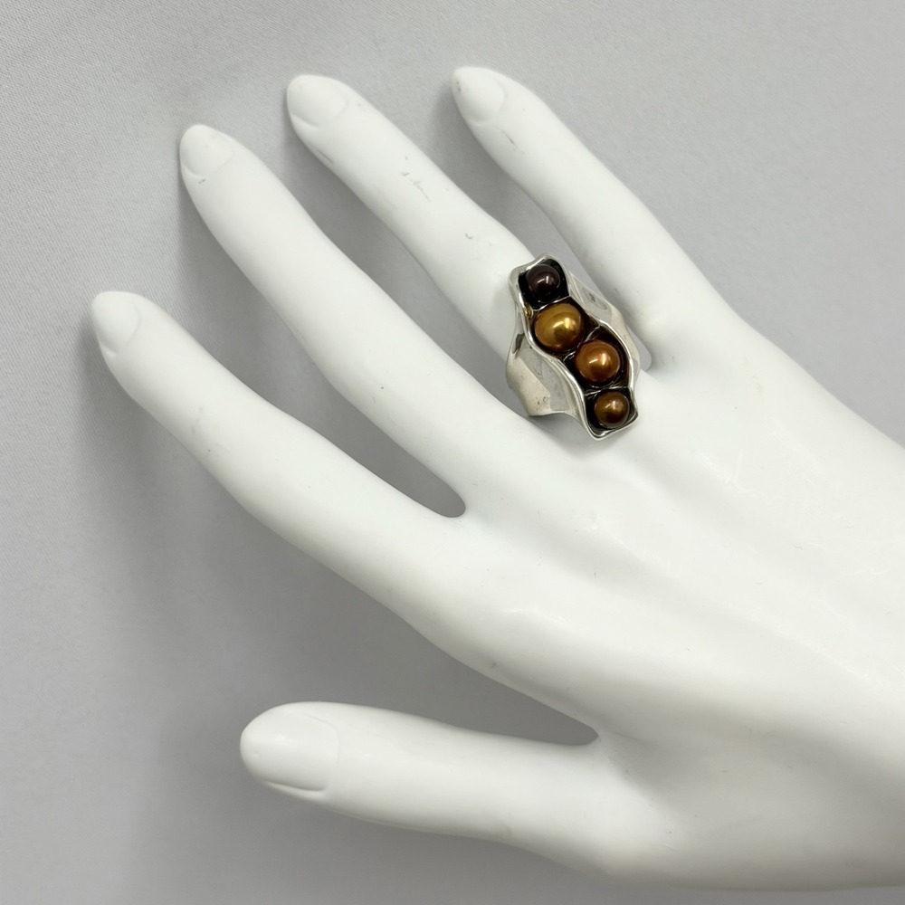 HG Hagit Gorali Sterling W/ 4 Brown Tones Pearls Ring VERY COOL Size 7 1/4